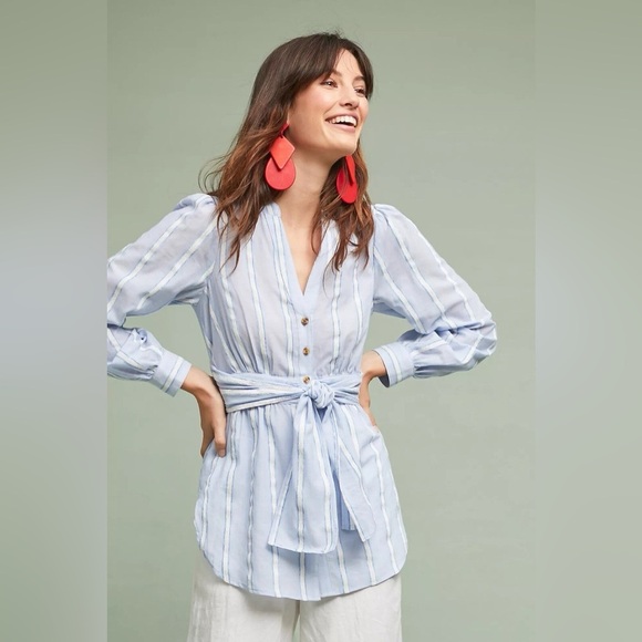 Anthropologie Building 18 South Seas Tunic Blue Striped Tie Waist Size 12 - Picture 1 of 10